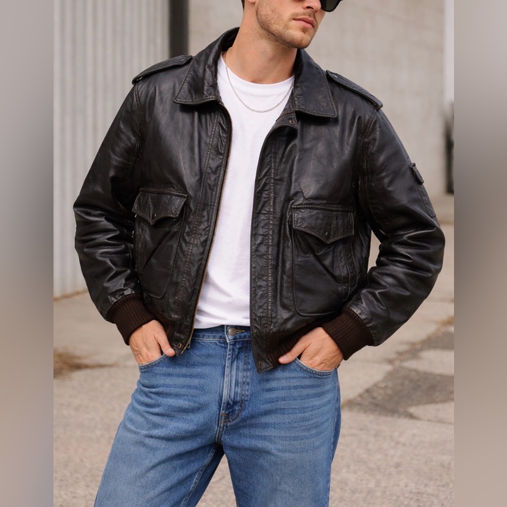 Vintage Top Gun Leather Flight Jacket Bomber A-2 Style Quilted Lined Size 46